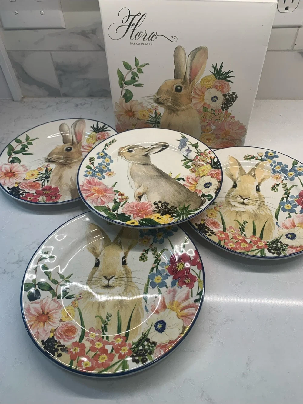 NEW Flora Pottery Barn Easter Rabbit Bunny Floral Salad 8” Plates Set of 4